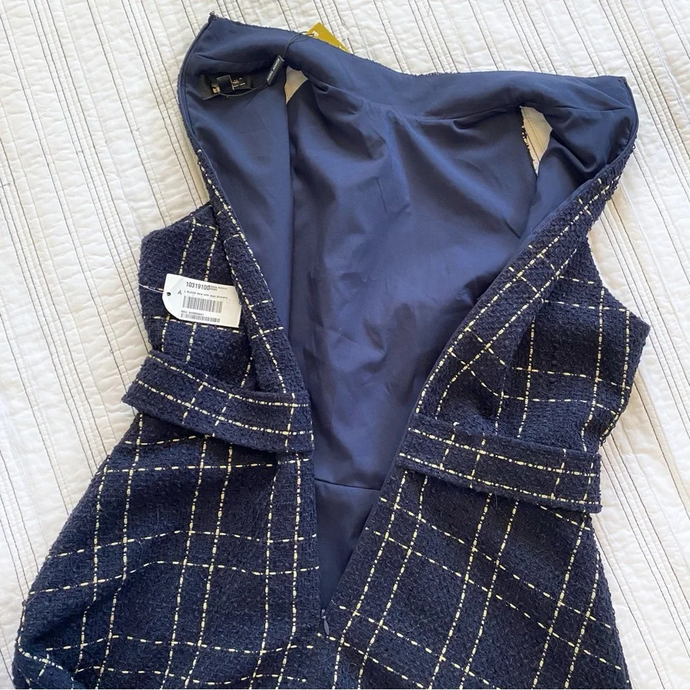 NWT Alexia Admor Avery Plaid Tweed Fit & Flare Dress Navy White Gold size Large - Picture 9 of 10